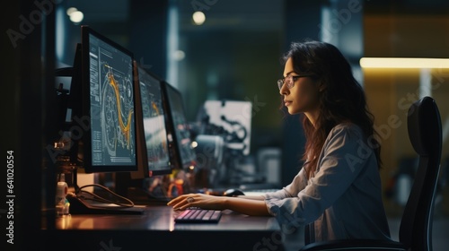 Businesswoman sitting at the office table working on computer at night of working late by generative AI illustration. © MOMO