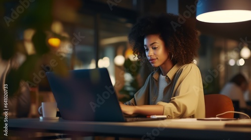 Businesswoman of African-American Ethnicity sitting at the office table working on laptop computer at night of working late by generative AI illustration.