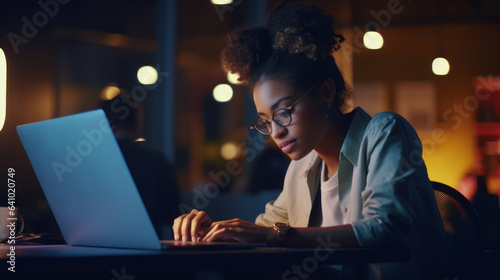 Businesswoman of African-American Ethnicity sitting at the office table working on laptop computer at night of working late by generative AI illustration.