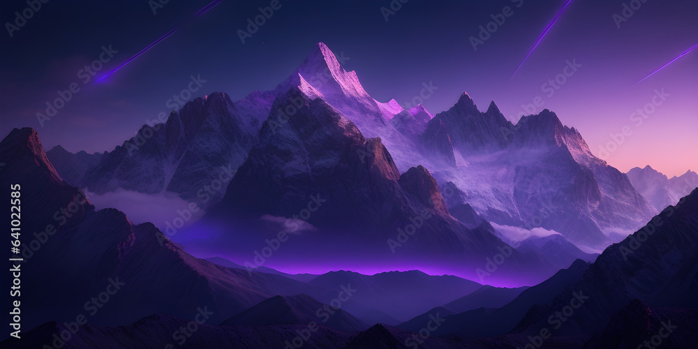 A breathtaking view of the mountains, with a mysterious purple light radiating from the peaks and valleys, creating a surreal atmosphere.- Generative AI