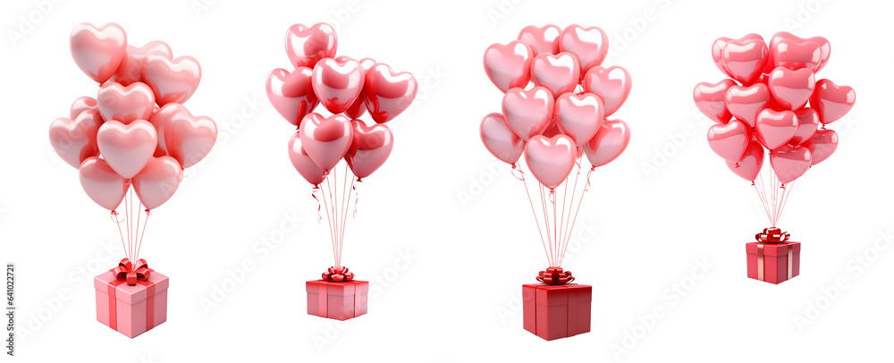 Set of Valentine heart shaped helium balloons with Gift boxes presents, isolated on white and transparent background, ai generate