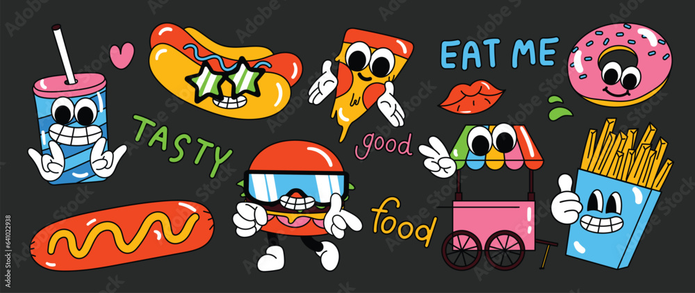 Set of 70s groovy element food truck concept vector. Collection of cartoon character, doodle smile face, hamburger, pizza, donut, sausage. Cute retro groovy hippie design for decorative, sticker. Set of 70s groovy element food truck concept vector. Collection of cartoon character, doodle smile face, hamburger, pizza, donut, sausage. Cute retro groovy hippie design for decorative, sticker.
