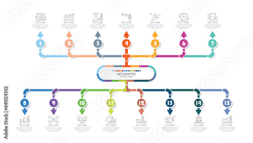 Infographic process design with icons and 15 options or steps.