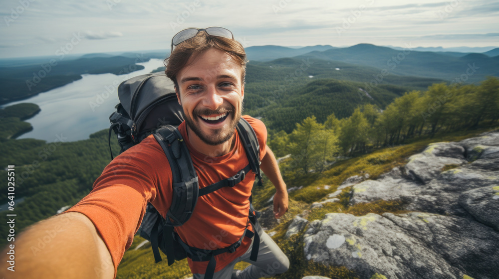 Handsome male traveler taking selfie on hills with mountains Happy and smiling hiker taking a selfie on the top of the mountain.