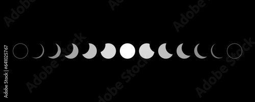 White moon different phases or lunar phase waxing and waning on black background flat vector icon design