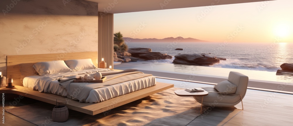 Building Exterior luxury of bedroom house, hotel and resort with sea view at sunset by generative AI illustration. - obrazy, fototapety, plakaty 
