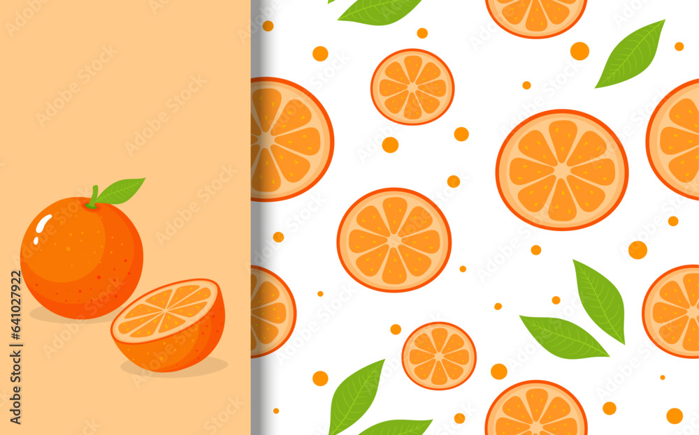 Orange fruit seamless background pattern and card template on a white background. Summer design. Stylish kitchen citruses.