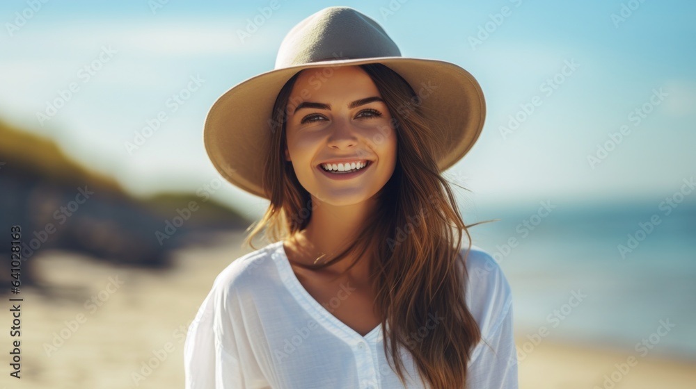 Young woman in white shirt wearing hat smiling at camera on the beach.