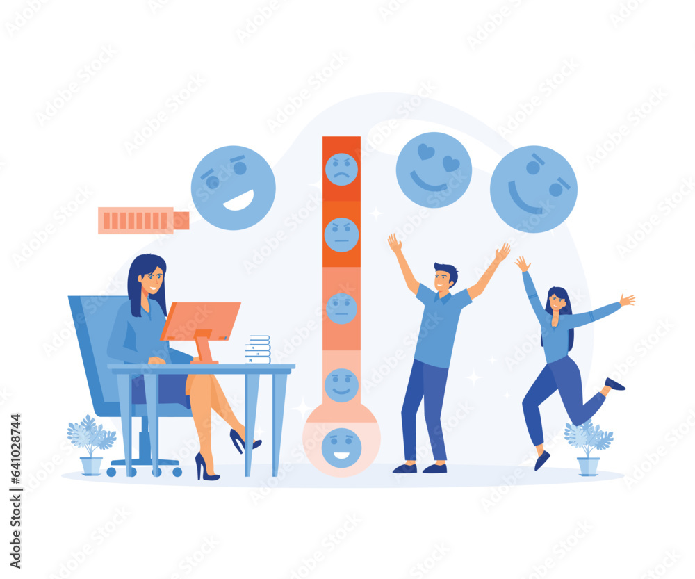 Thermometer as stress level scale emotions, mood. Fully charged active mentally healthy employee. flat vector modern illustration   