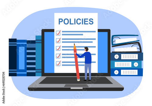 Businessman checking agreement and sign contract in flat design. Document data, terms and conditions and privacy policy on computer screen.