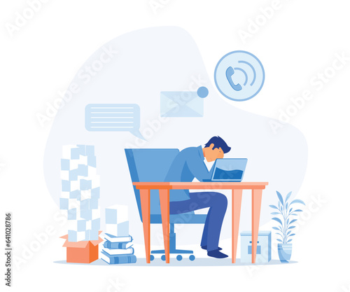  Stress in the office. Tired and agitated office worker clutching his head among piles of papers and documents. flat vector modern illustration  