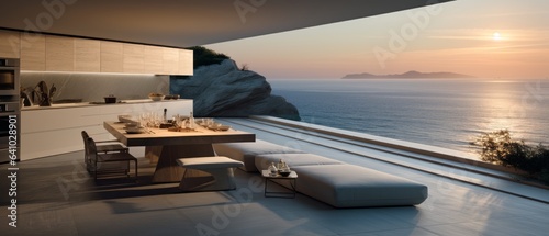 Building Exterior luxury of kitchen room with sea view by generative AI illustration.