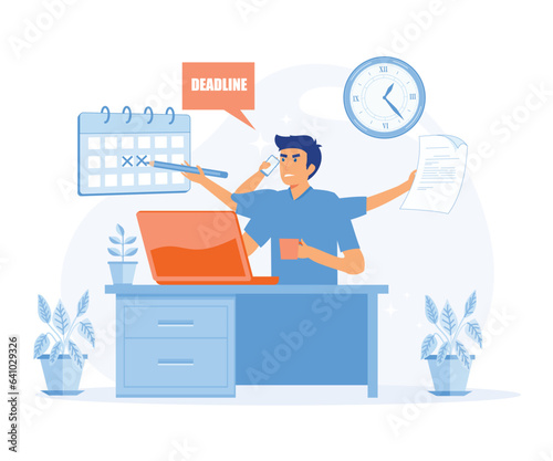 A Tired Man Missing Deadline. An Office Worker Overwhelmed by Work. flat vector modern illustration  