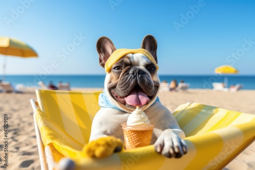 Dog Laid-Back Bulldog: Unwinding on Vacation on the beach. Generative AI © Anthony Paz