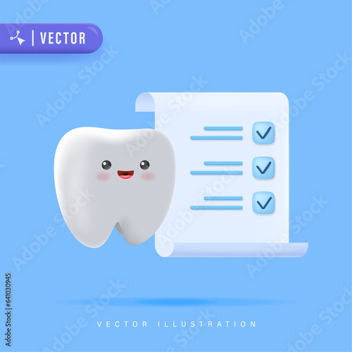 3D Realistic Happy Tooth Character with Diagnose Card. Kids Dental Examination