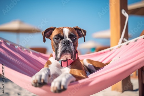 Dog Laid-Back Boxer: Unwinding on Vacation on the beach. Generative AI © Anthony Paz