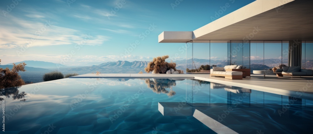 Fototapeta premium Building Exterior luxury of living room with sea view by generative AI illustration.