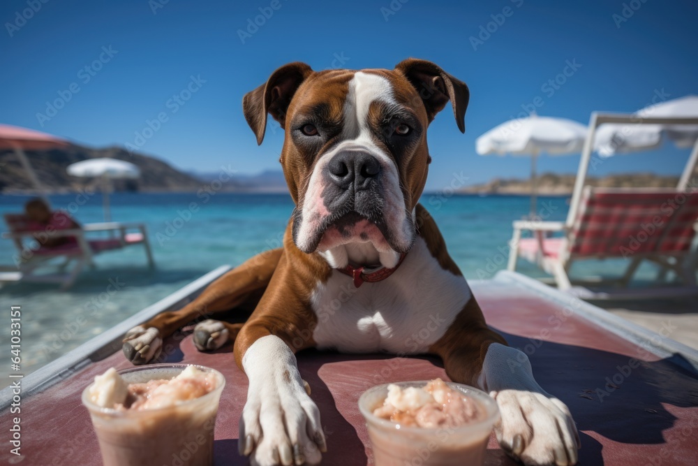 Dog Laid-Back Boxer: Unwinding on Vacation on the beach. Generative AI