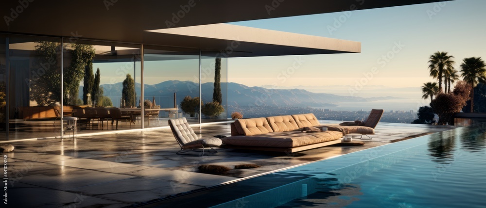 Fototapeta premium Building Exterior luxury of living room with sea view by generative AI illustration.