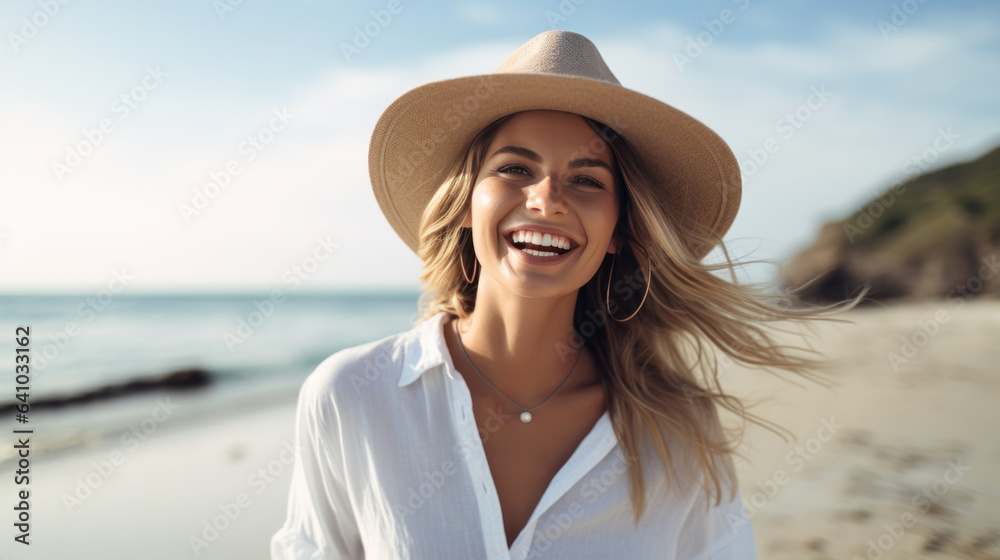 Young woman in white shirt wearing hat smiling at camera on the beach. Young woman in white shirt wearing hat smiling at camera on the beach.