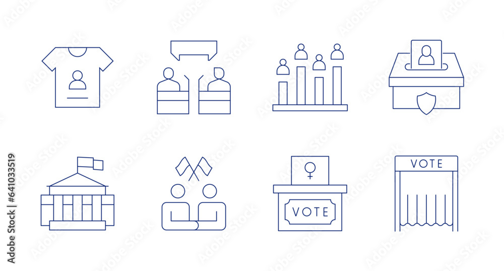 Democracy icons. editable stroke. Containing debate, diplomacy, voting booth, voting box, poll, vote, t shirt, white house.