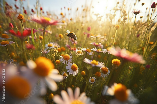 This peaceful meadow with a bee resting on a colorful flower is a beautiful reminder of the importance of pollination and the role of bees in our ecosystem. AI Generative.