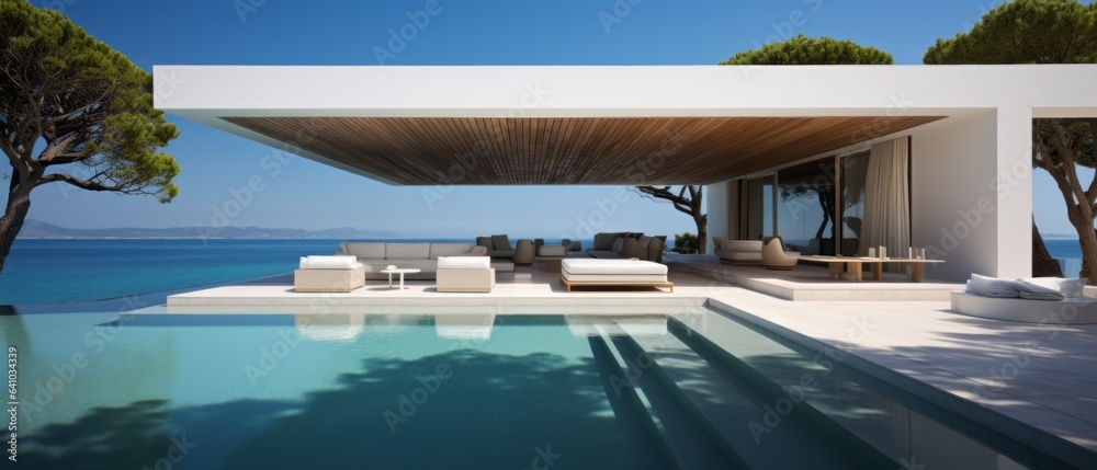 Fototapeta premium Building Exterior luxury of living room with sea view by generative AI illustration.