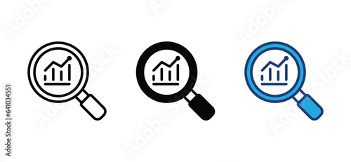 SEO, search engine optimization icon. Magnifying glass with data analysis or chart icon symbol. Magnifier or loupe sign with chart, market or business research. Vector illustration
