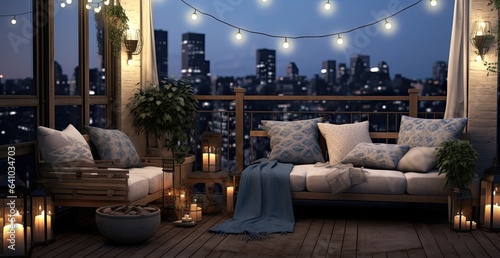 Outdoor balcony with warm lights and lighting created with AI