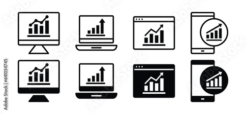 Web marketing analytics icons set. Data analysis, infographic icon symbol in line and flat style. Growing graph on devices. Vector illustration