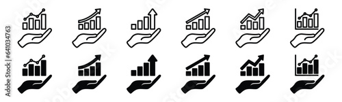 Data analytics icons set. Analysis, infographic icon symbol in line and flat style. hands holding data analytics or growing graph. Vector illustration