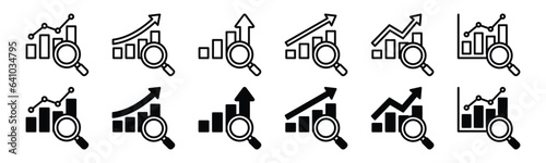 Data analytics icons set. Analysis, infographic icon. Magnifying glass with data analysis or chart icon symbol. Magnifier or loupe sign with chart, market or business research. Vector illustration