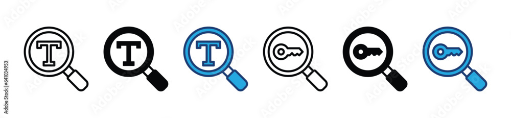 Keyword search icons set. Magnifying glass with text and key icon symbol in line and flat style. Magnifier or loupe. Vector illustration Keyword search icons set. Magnifying glass with text and key icon symbol in line and flat style. Magnifier or loupe. Vector illustration
