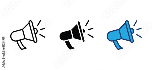 Loudspeaker megaphone icons set. Electric megaphone with sound, Viral marketing advertising icon symbol in line and flat style. Vector illustration