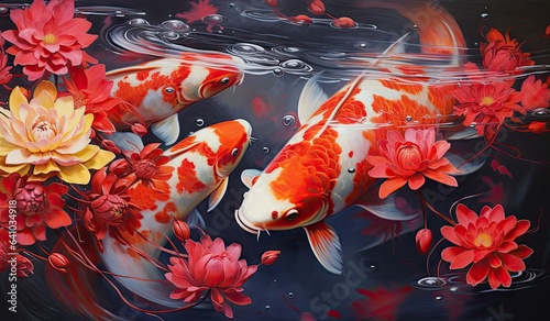 Koi fishes swimming in a koi fish pond created with AI