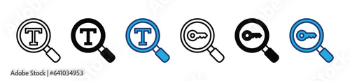 Keyword search icons set. Magnifying glass with text and key icon symbol in line and flat style. Magnifier or loupe. Vector illustration