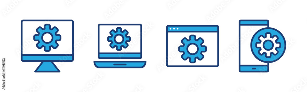 Optimization icon. Gear on devices. Sync process, option, control panel, settings icon symbol. Vector illustration Optimization icon. Gear on devices. Sync process, option, control panel, settings icon symbol. Vector illustration