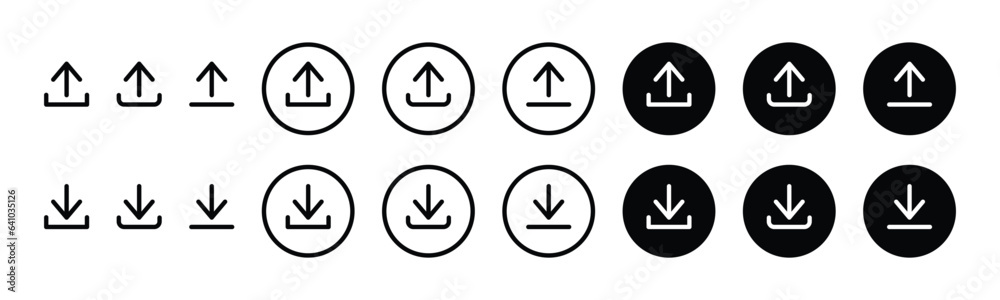 Download and upload icon buttons set. Download and upload icon. Files download and upload icons symbol in line and flat style on white background. Vector illustration