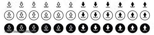 Download and upload icon buttons set. Download and upload icon. Files download and upload icons symbol in line and flat style on white background. Vector illustration