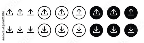 Download and upload icon buttons set. Download and upload icon. Files download and upload icons symbol in line and flat style on white background. Vector illustration photo