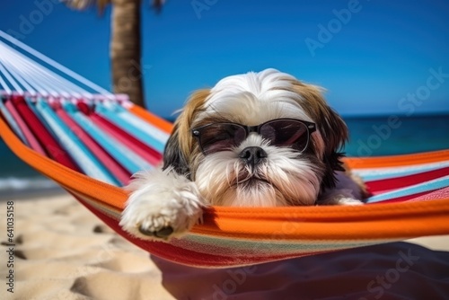 Dog Laid-Back Shih Tzu Unwinding on Vacation on the beach. Generative AI © Anthony Paz