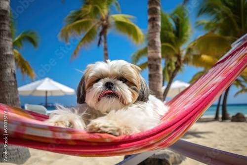 Dog Laid-Back Shih Tzu Unwinding on Vacation on the beach. Generative AI © Anthony Paz