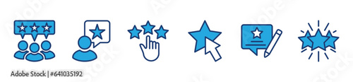 Feedback and customer reviews icons set. Client experience, testimonial, rating and satisfaction icon symbol in blue color style for apps and websites. Editable stroke. Vector illustration