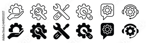 Setting and setup icons vector set. Technical support, support, maintenance, chat, service, repair, operator, gear, hands, wrench icon symbol in thin line and flat style for app and website