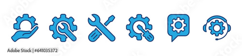 Setting and setup icons vector set. Technical support, support, maintenance, chat, service, repair, operator, gear, hands, wrench icon symbol in thin line and flat style for app and website