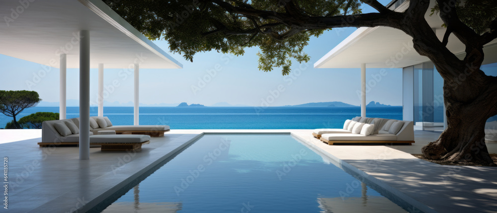 Fototapeta premium Building Exterior luxury of living room with sea view by generative AI illustration.