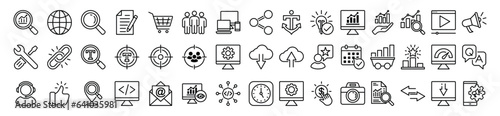 SEO line icons set. Search Engine Optimization icon symbol collection. Search, analytics, marketing, analysis, traffic, link, development, optimization, websites, social media, business, and other