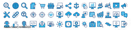 SEO colours icons set. Search Engine Optimization icon symbol collection. Search, analytics, marketing, analysis, traffic, link, development, optimization, websites, social media, business, and other