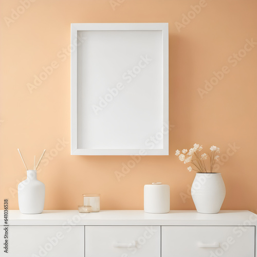 white portrait frame blank white list hanging on wall above wooden sideboard pastel orange walls © Athena 