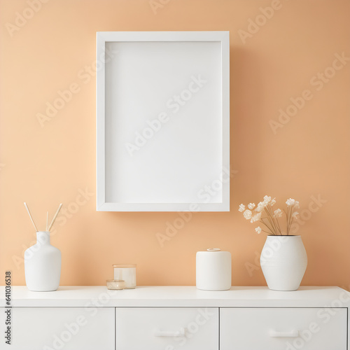 white portrait frame blank white list hanging on wall above wooden sideboard pastel orange walls